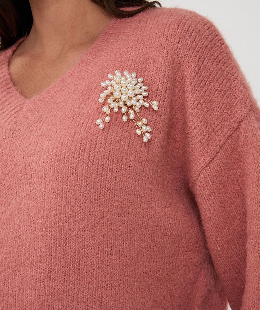V-Neck Sweater With Brooch