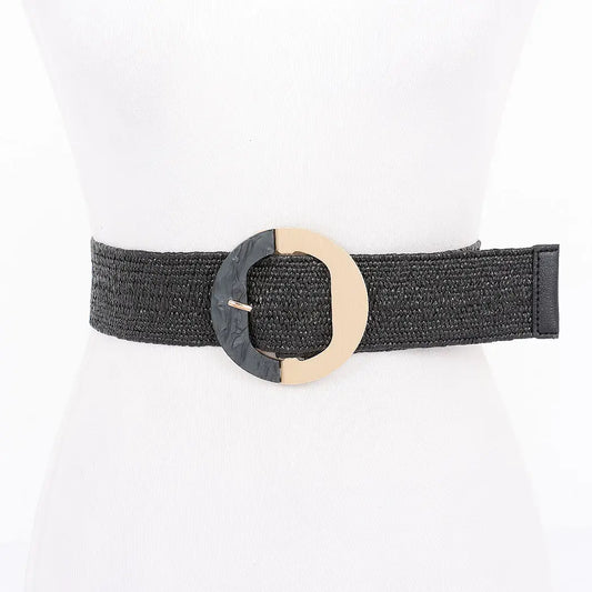 Faux Straw Marble Metal Buckle Stretch Belt