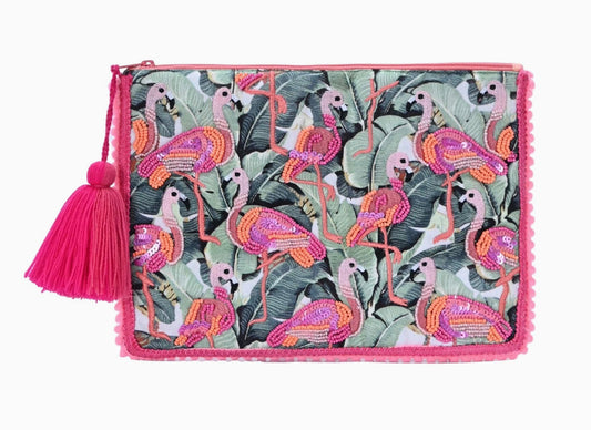 Handmade Beaded Sequin Tropical Flamingo Pouch With Tassel