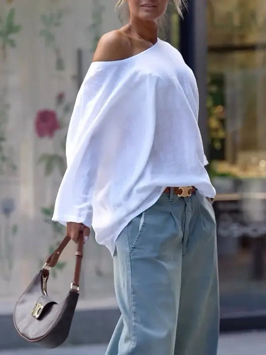 Long Sleeves Loose Solid Color Cold-Shoulder T-Shirt