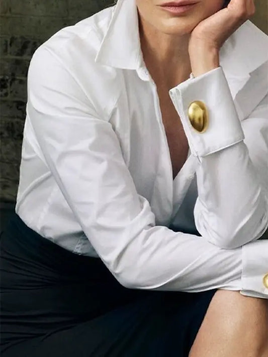 Long Sleeves Loose Buttoned Solid Color Lapel Blouse