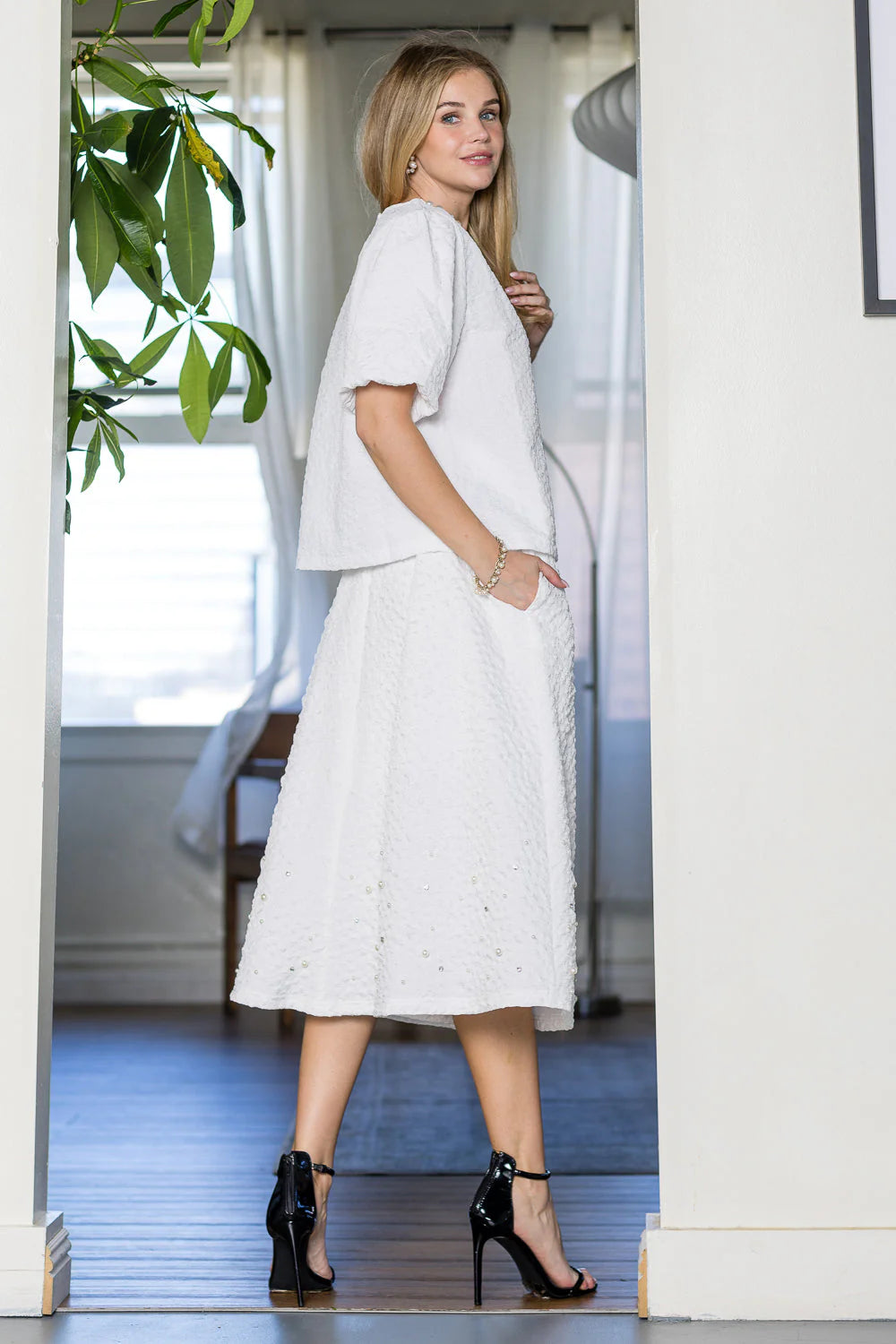 Windelle Textured Woven Top With Pearls