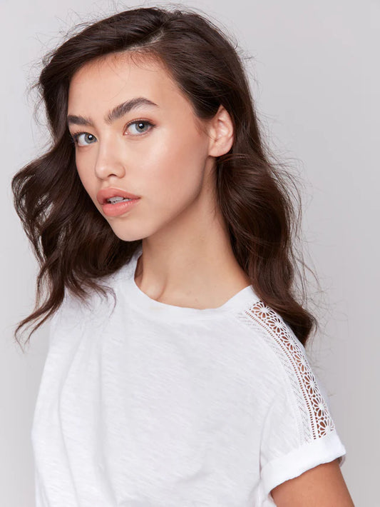 Drop Shoulder Tee with Lace Shoulder Trim