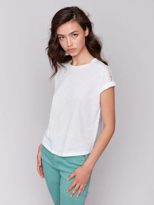 Drop Shoulder Tee with Lace Shoulder Trim