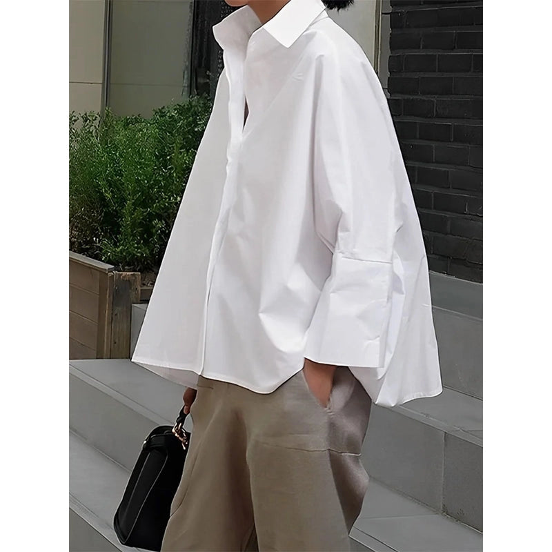 Long Sleeves Loose Solid Color Lapel Collar Blouse