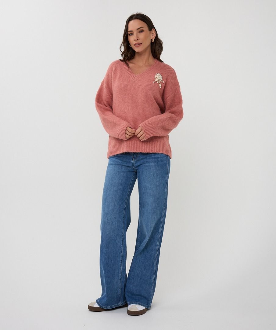 V-Neck Sweater With Brooch