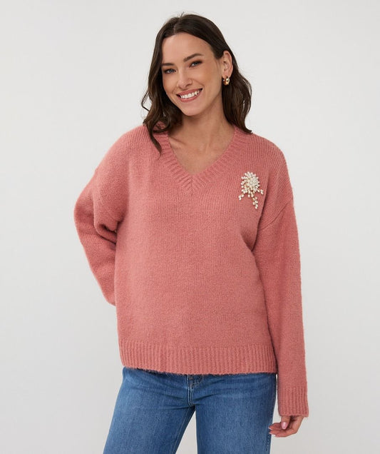 V-Neck Sweater With Brooch